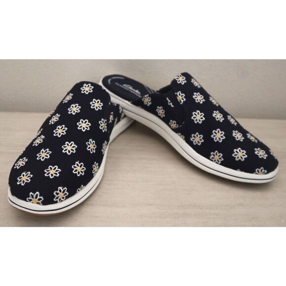 Clarks Cloudsteppers Women 9.5M Navy Floral Breeze Canvas Slip-On Mules - Picture 1 of 9